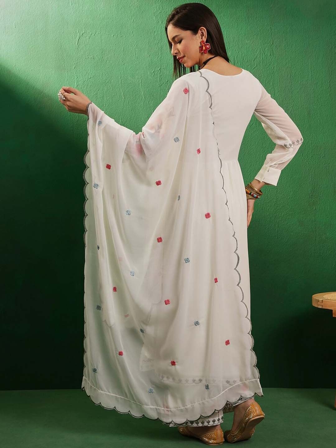 Dhiyona KL Floral Embroidered Mirror Work V-Neck Georgette Kurta With Palazzos And Dupatta