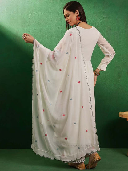 Dhiyona KL Floral Embroidered Mirror Work V-Neck Georgette Kurta With Palazzos And Dupatta