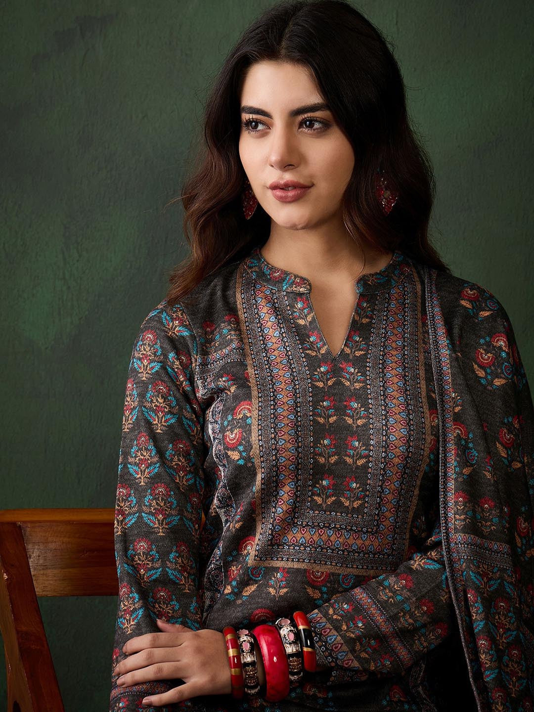 Self Design Winter Pashmina Straight Kurta & Trouser With Dupatta