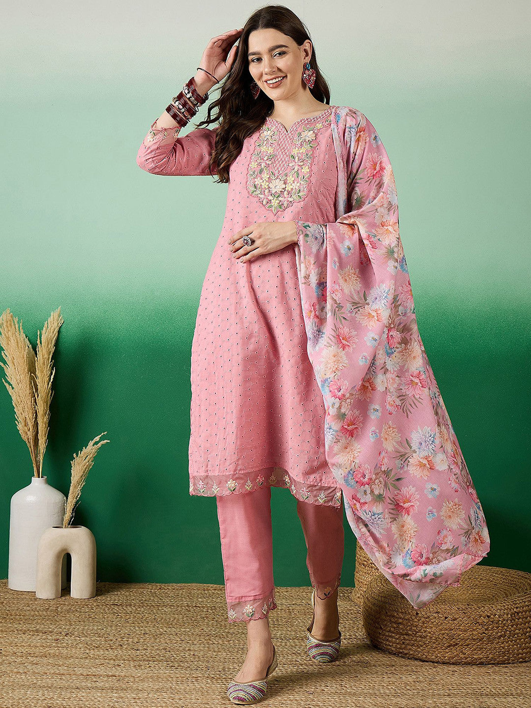 Dhiyona SN Floral Embroidered Thread Work Pure Cotton Kurta with Trousers & Dupatta