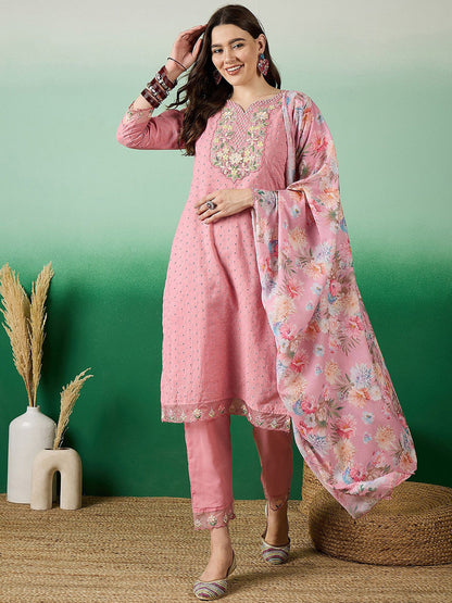 Floral Embroidered Thread Work Pure Cotton Kurta with Trousers & Dupatta