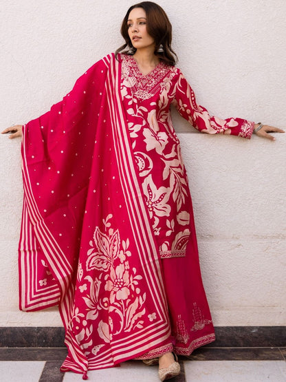 Dhiyona KL Floral Printed V-Neck Kurta with Palazzos & Dupatta