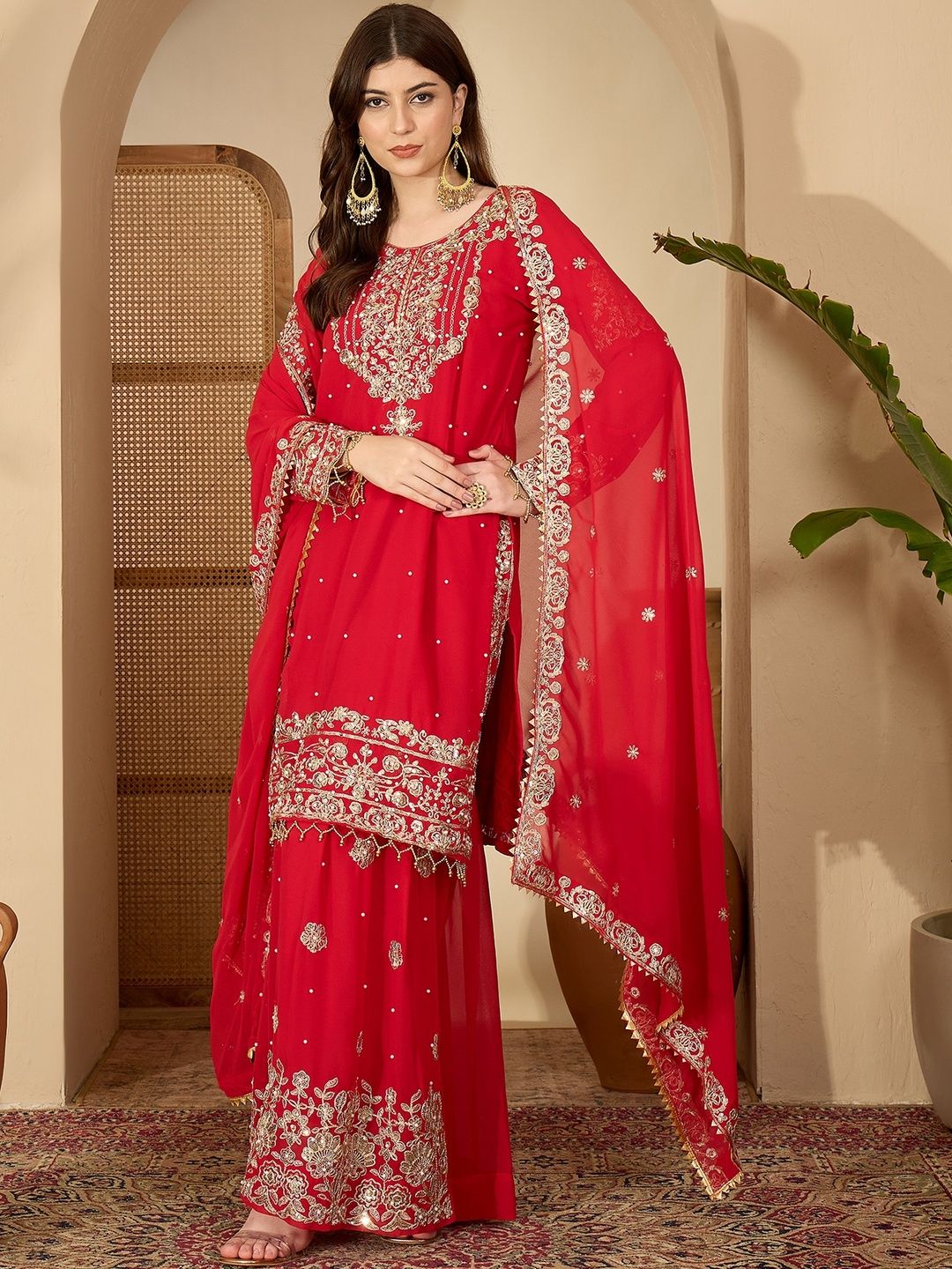 Dhiyona SN Red Faux Georgette Coding & Sequence With Pearl Work Kurta Sharara And Dupatta