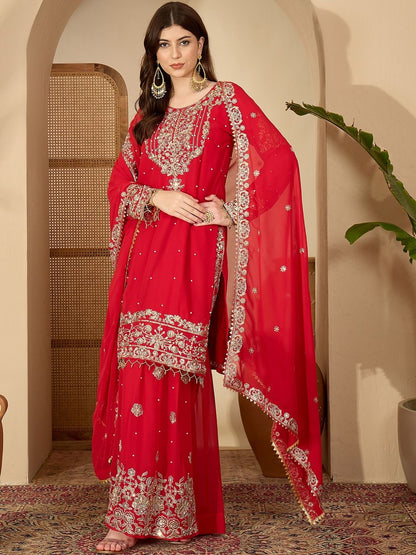 Dhiyona SN Red Faux Georgette Coding & Sequence With Pearl Work Kurta Sharara And Dupatta