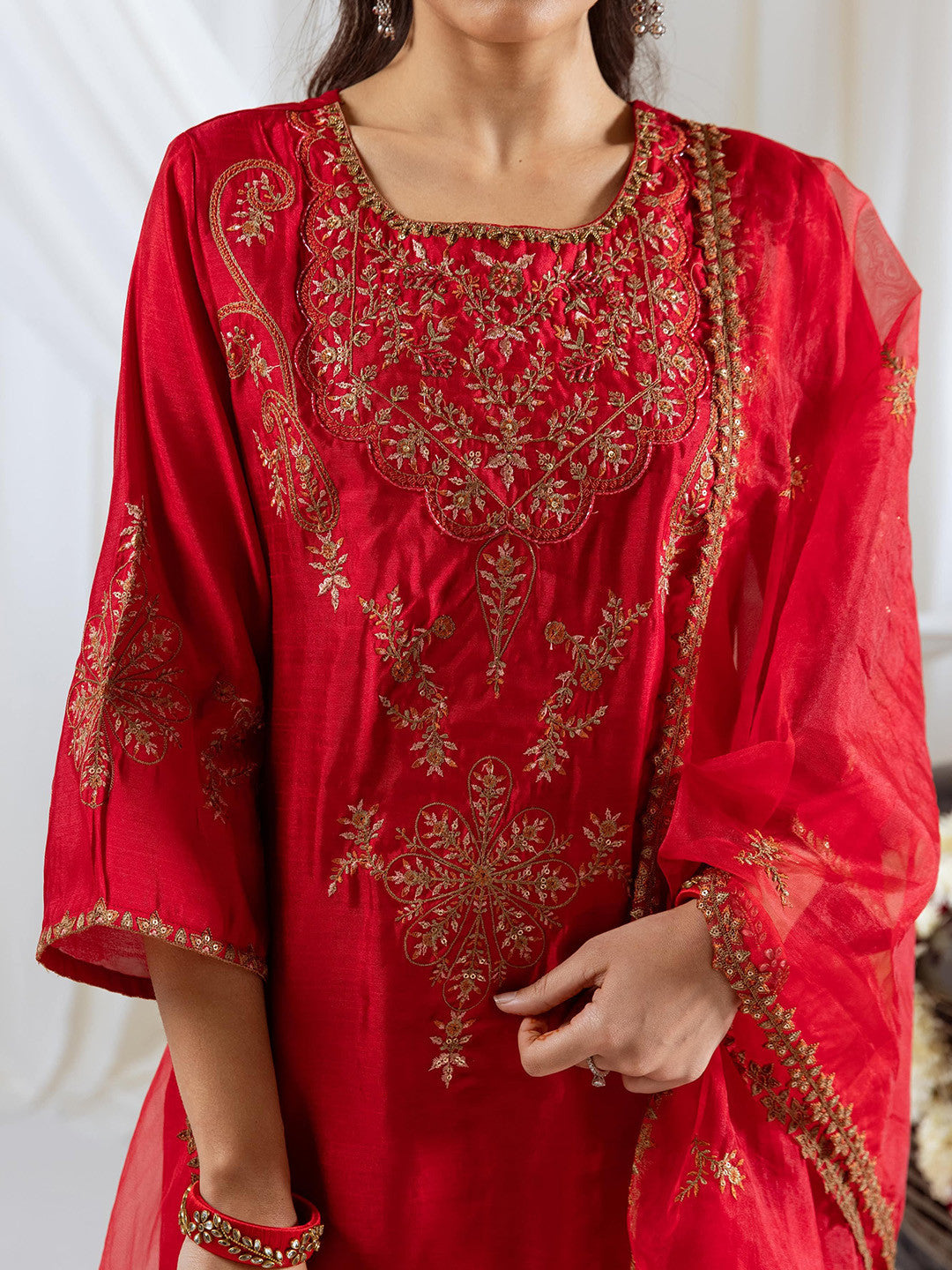 Floral Embroidered Sequinned Straight Kurta With Trousers & Dupatta