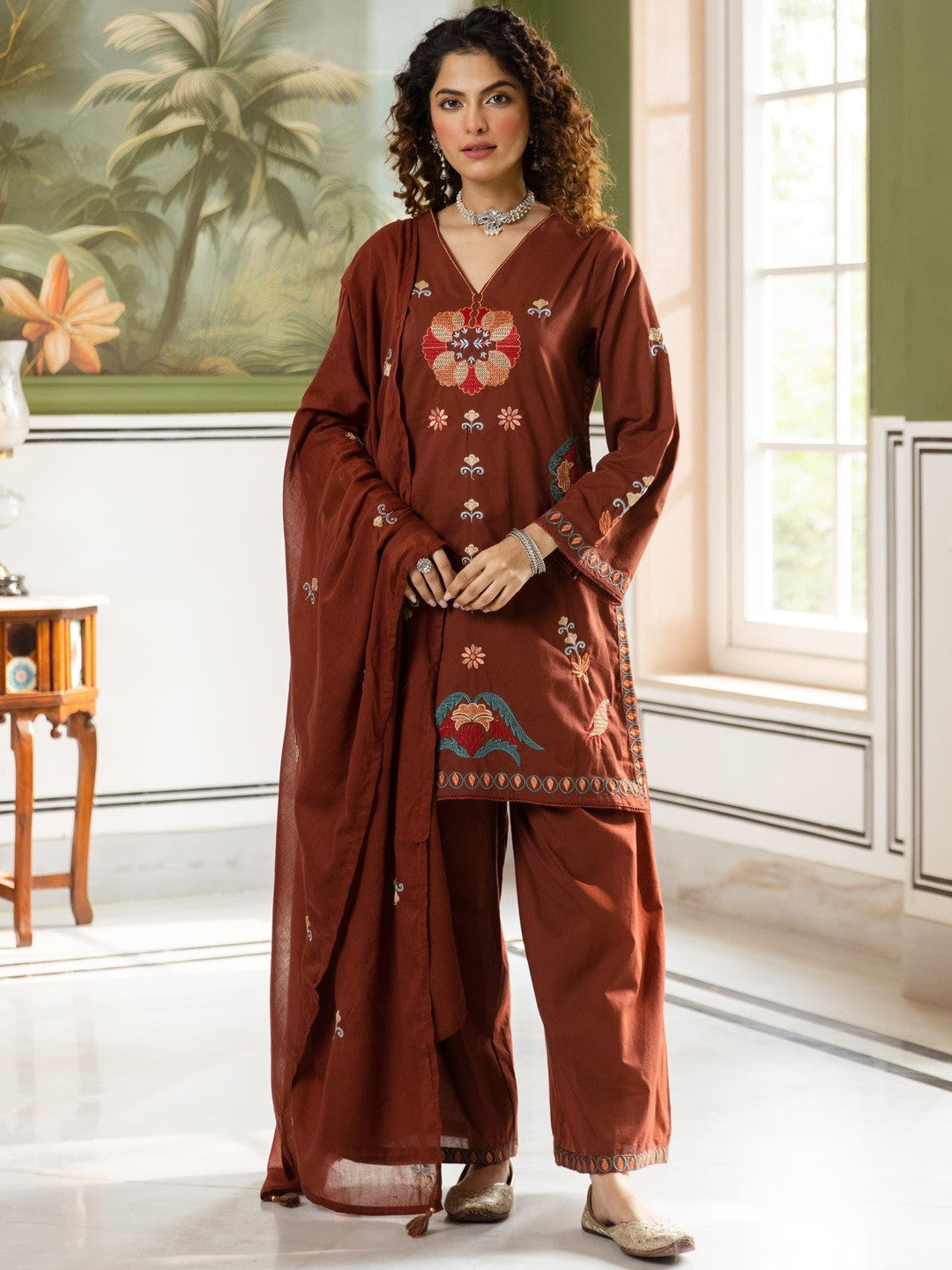 Embroidered Pure Cotton V-Neck Kurta Trousers & Dupatta
