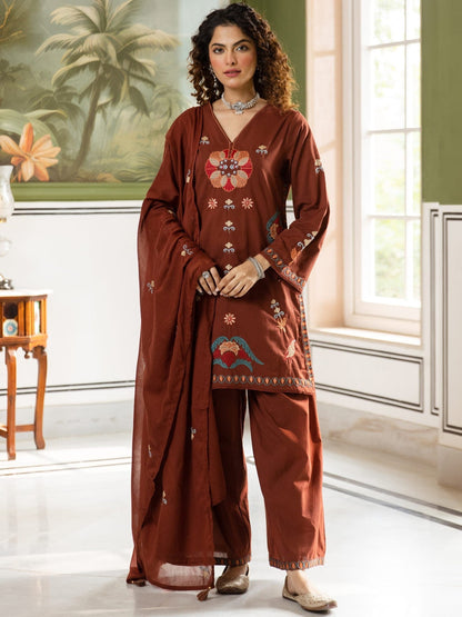 Embroidered Pure Cotton V-Neck Kurta Trousers & Dupatta