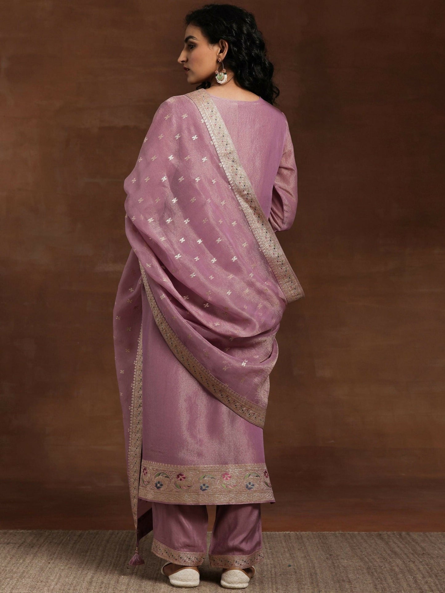 Women's LB Mauve Woven Design Silk Blend Straight Kurta With Trousers & Dupatta