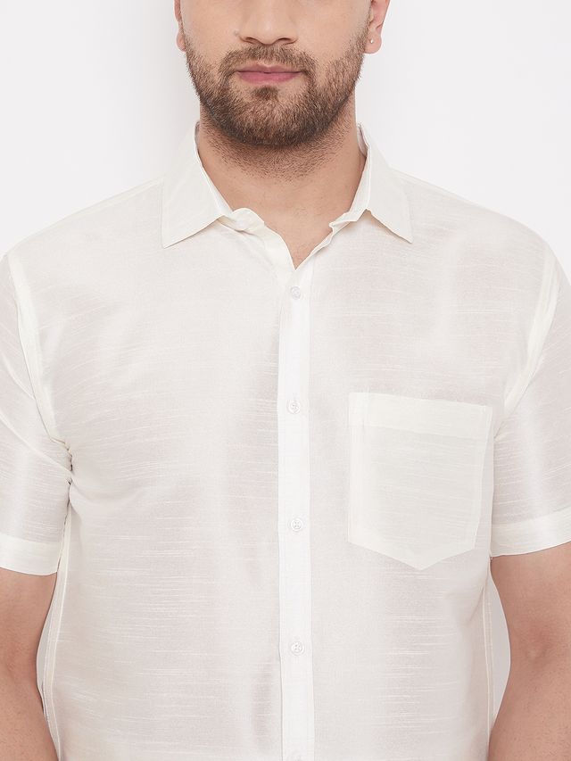 Men's Cream Silk Blend Straight Ethnic Shirt