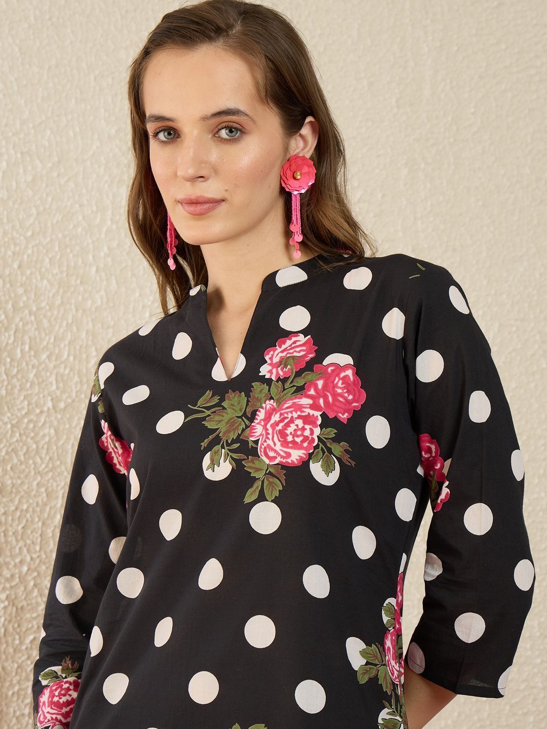 Dhiyona IE Printed Mandarin Collar Three-Quarter Sleeves Pure Cotton Top With Trousers