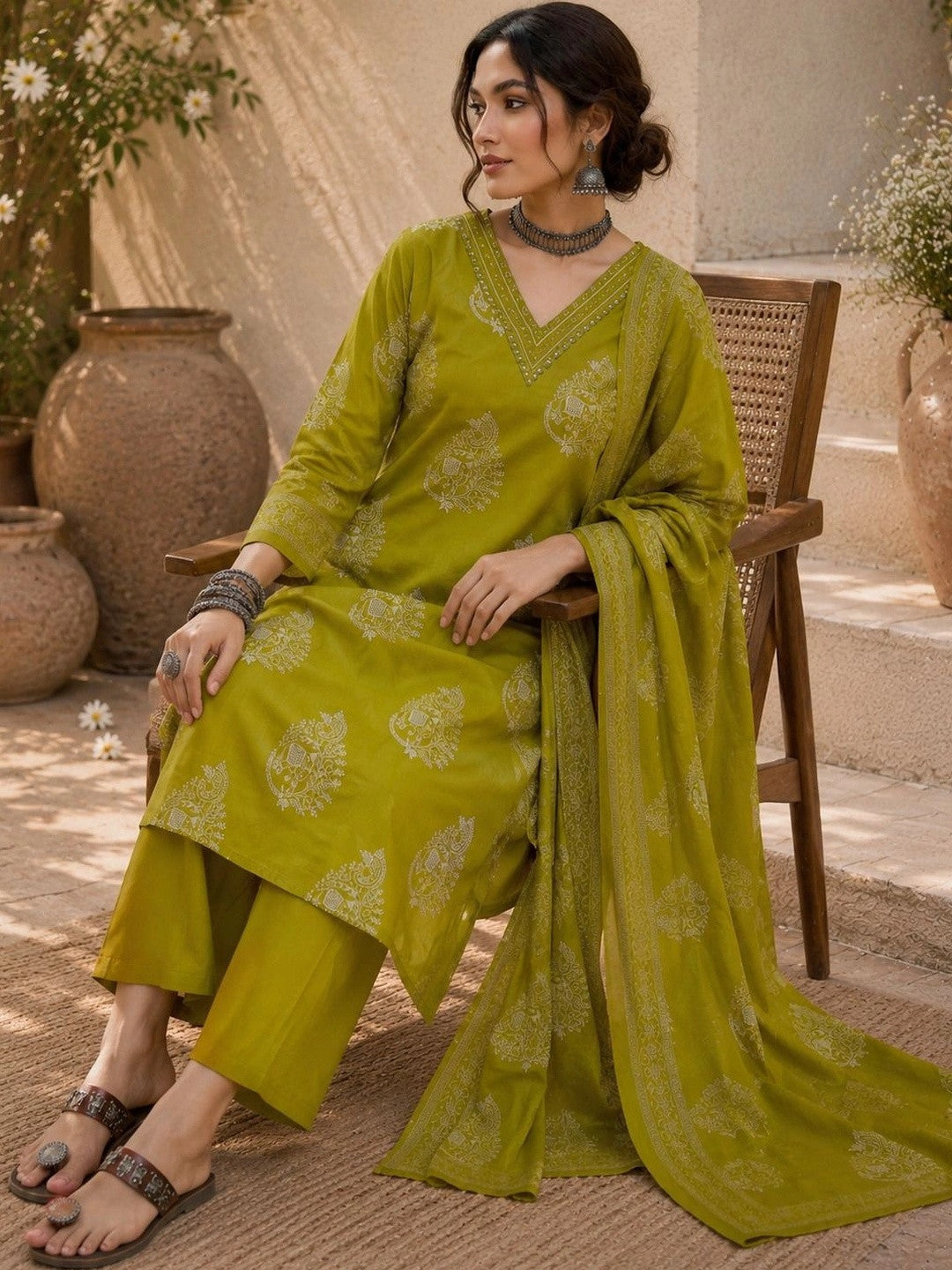 Women Ethnic Motifs Printed Regular Pure Cotton Kurta with Palazzos & With Dupatta