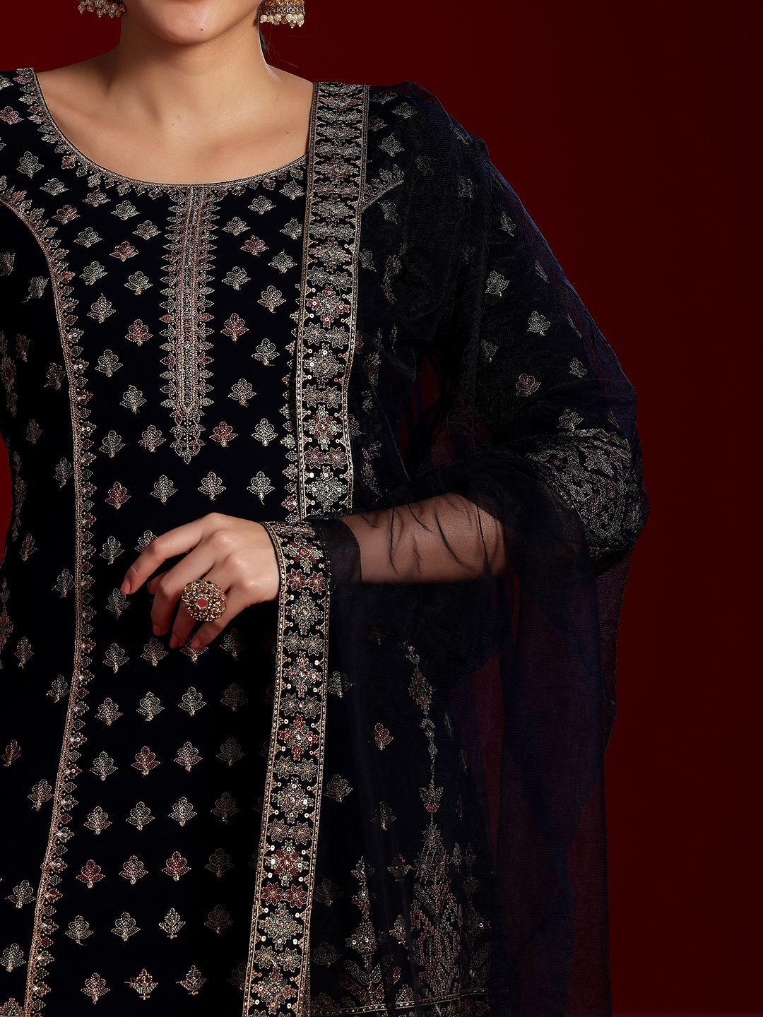 Dhiyona LL Floral Embroidered Georgette Panelled Straight Kurta with Palazzo & Dupatta