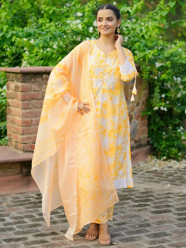 Women's LB Yellow Embroidered Cotton Blend Straight Suit With Dupatta