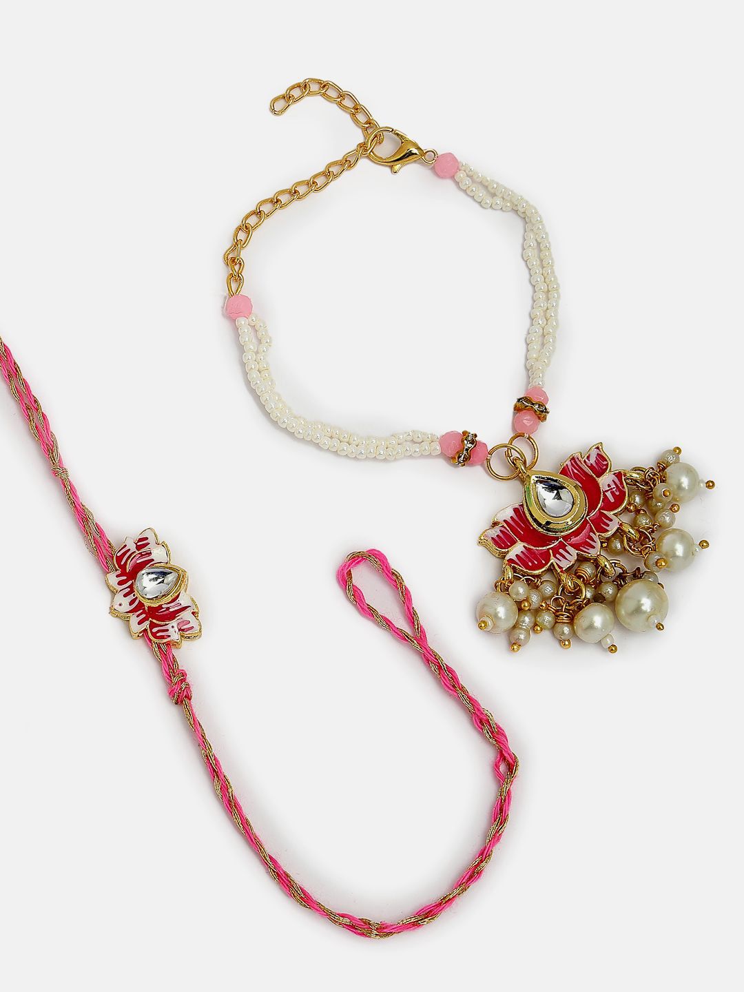 Dhiyona Pack Of 2 Kundan Studded & Beaded Bhaiya Bhabhi Rakhi With Roli Chawal