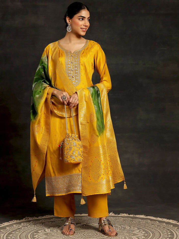 Women's LB Mustard Woven Design Silk Blend Straight Suit With Dupatta