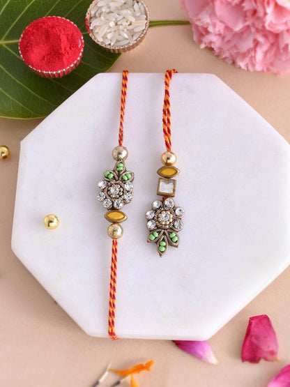 Dhiyona Kundan Studded Floral Bhaiya Bhabhi Thread Rakhi With Roli Chawal & Greetings Card