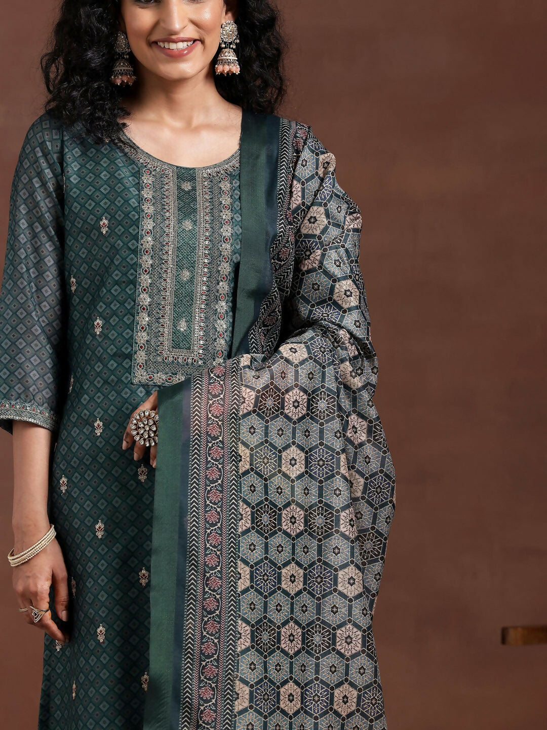 Women's LB Teal Printed Silk Blend Straight Suit With Dupatta