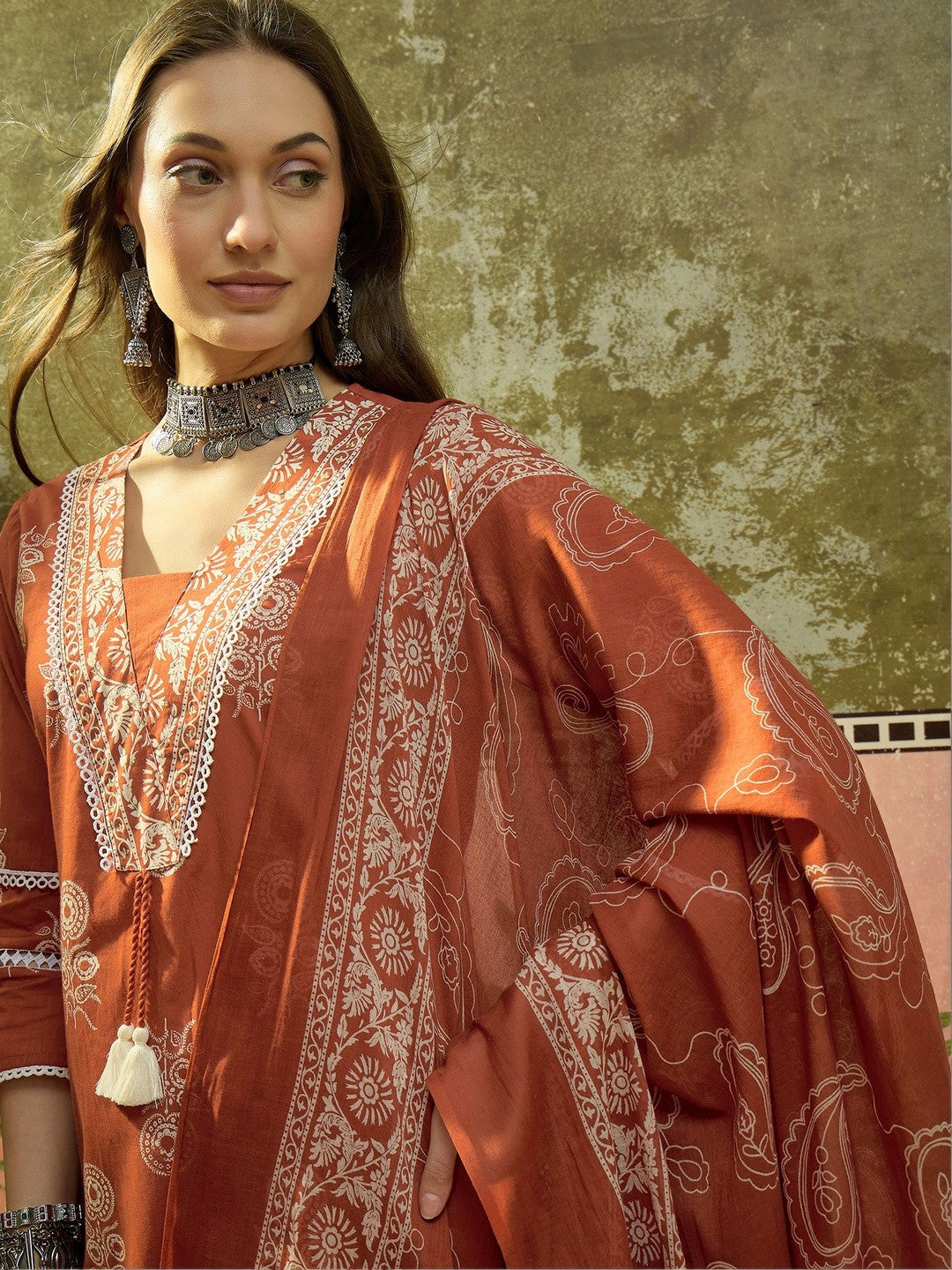 Embroidered Pure Cotton Round Neck Kurta & Palazzos With Dupatta