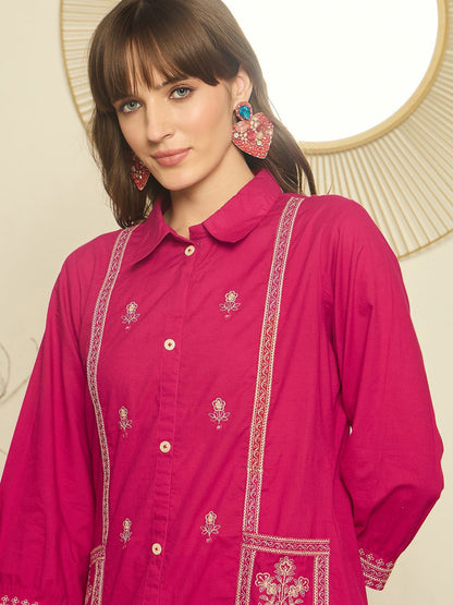 Dhiyona IE Women Embroidered Shirt Collar Cotton Top and Trousers Co-Ords