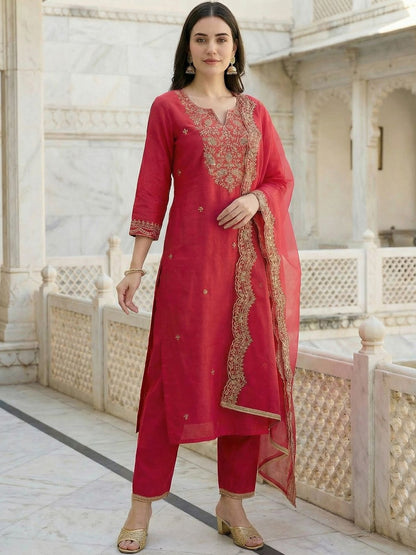 Women Ethnic Motifs Embroidered Regular Thread Work Liva Kurta with Trousers & With Dupatta