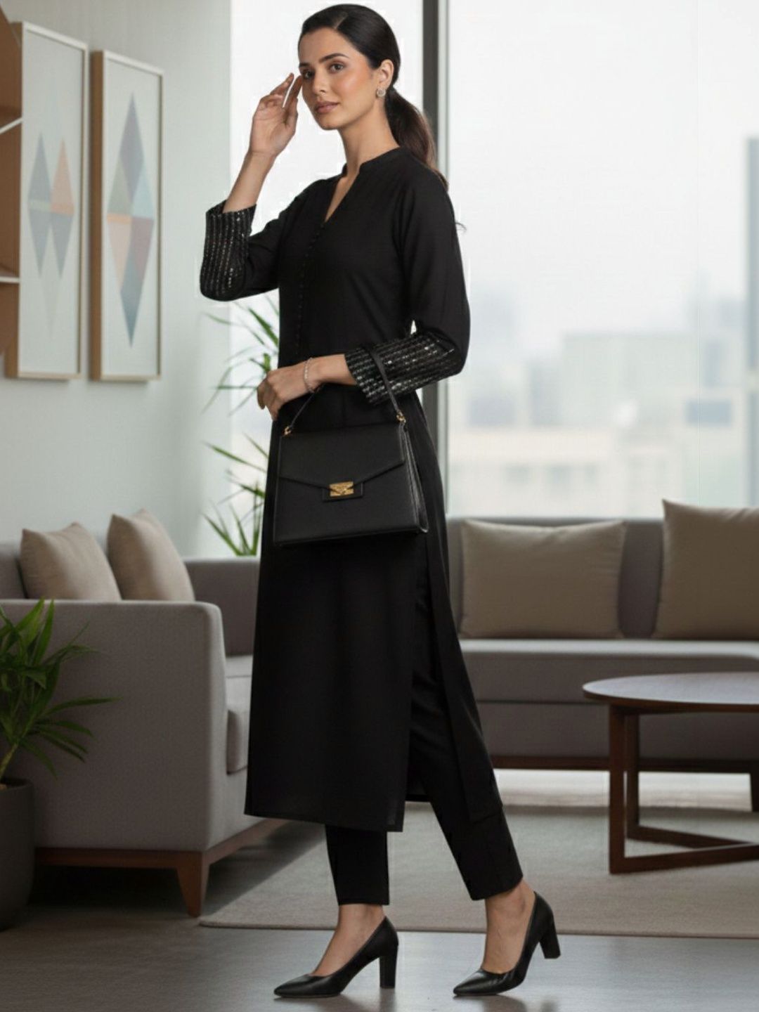 Black Women Regular Sequinned Kurta with Trousers
