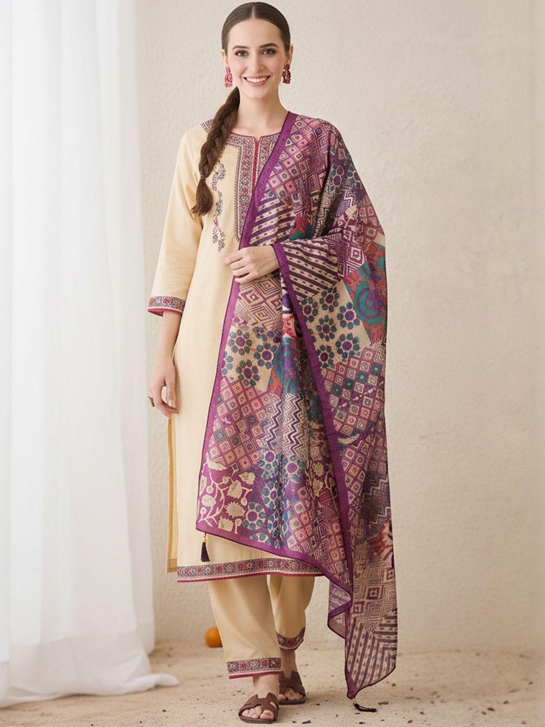 Dhiyona IE Ethnic Motifs Embroidered Regular Thread Work Kurta With Trouser & Dupatta