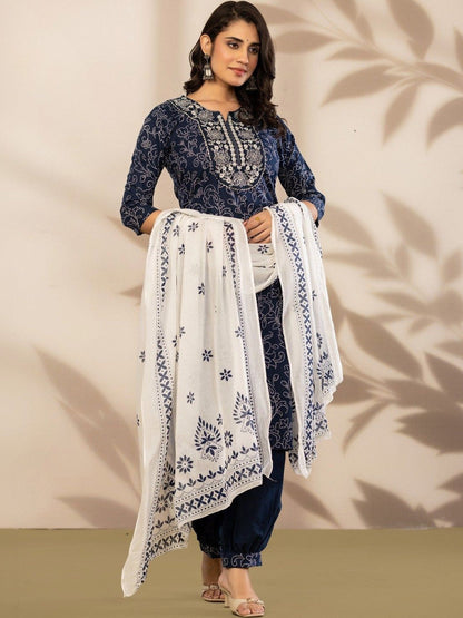 Women Ethnic Motifs Printed Regular Thread Work Pure Cotton Kurta with Patiala & With Dupatta