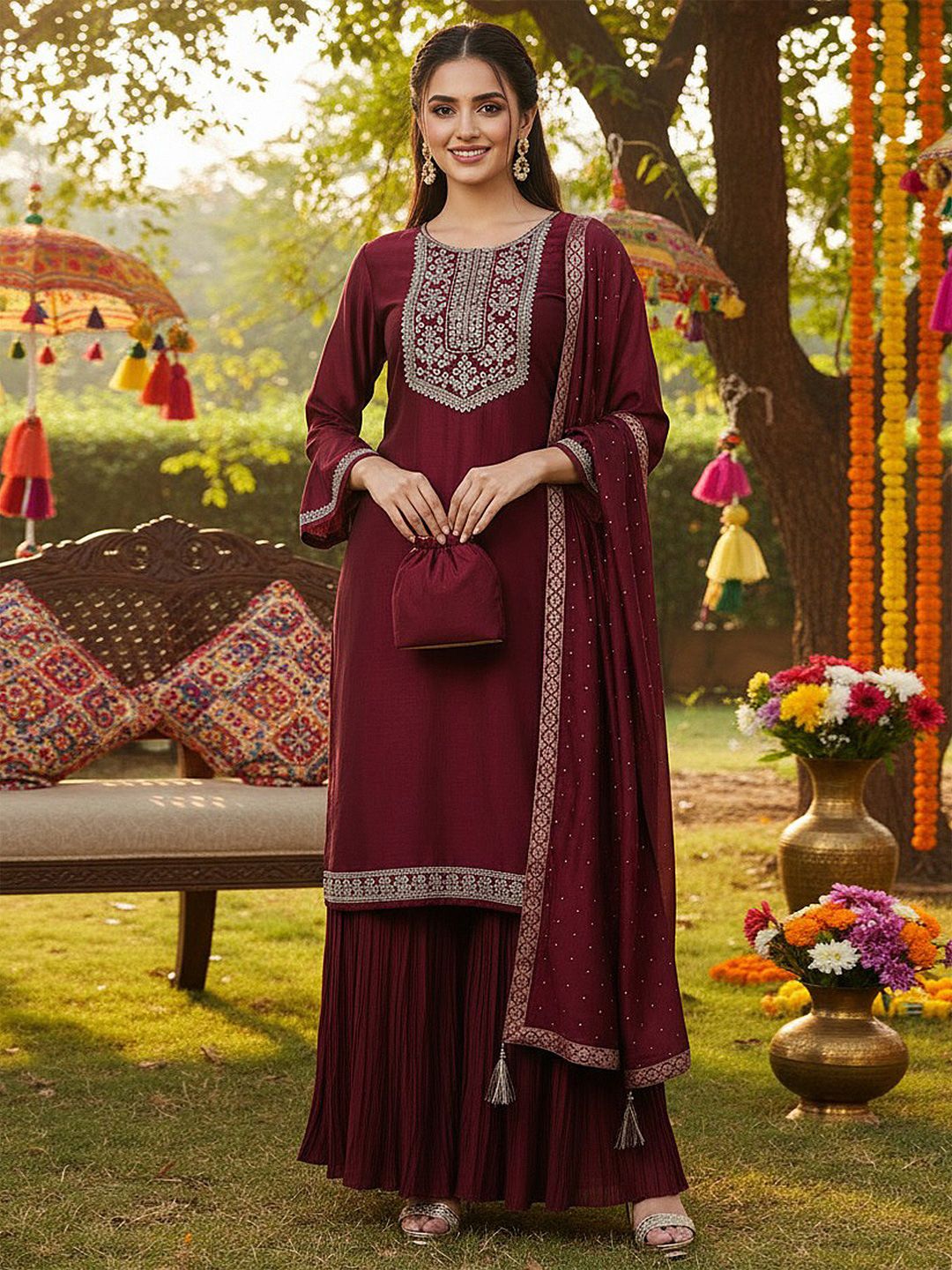 Dhiyona KL Floral Embroidered Thread Work Straight Kurta With Sharara & Dupatta