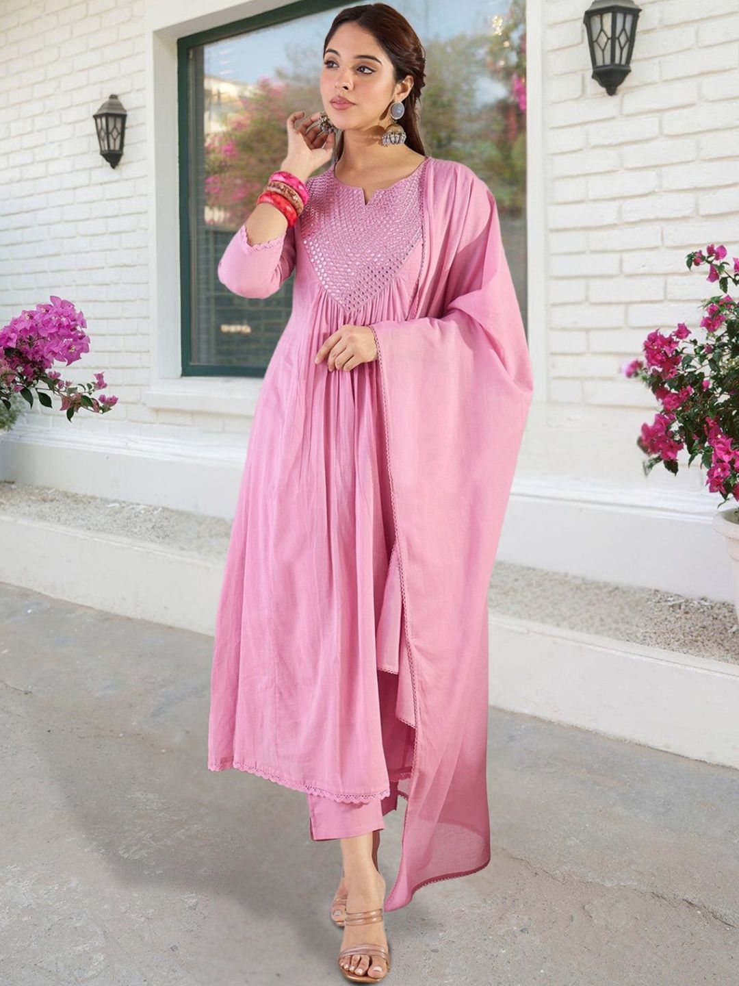 Dhiyona IE Women Pleated Mirror Work Pure Cotton Kurta with Trousers & With Dupatta