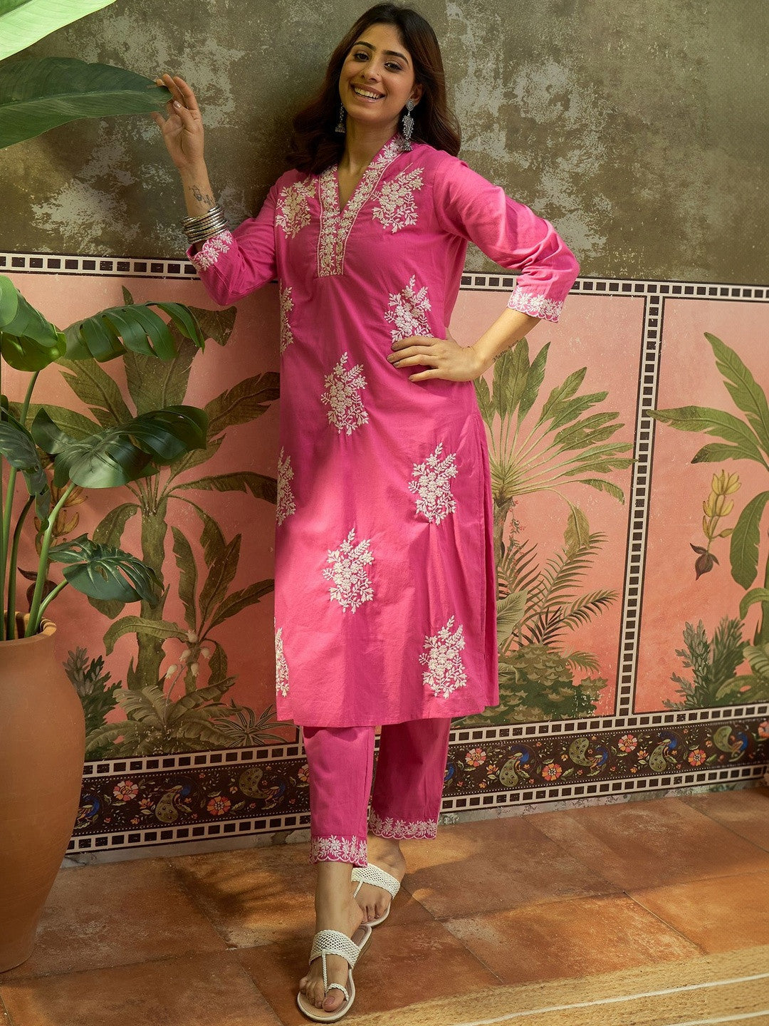 Embroidered V-Neck Kurta & Trousers