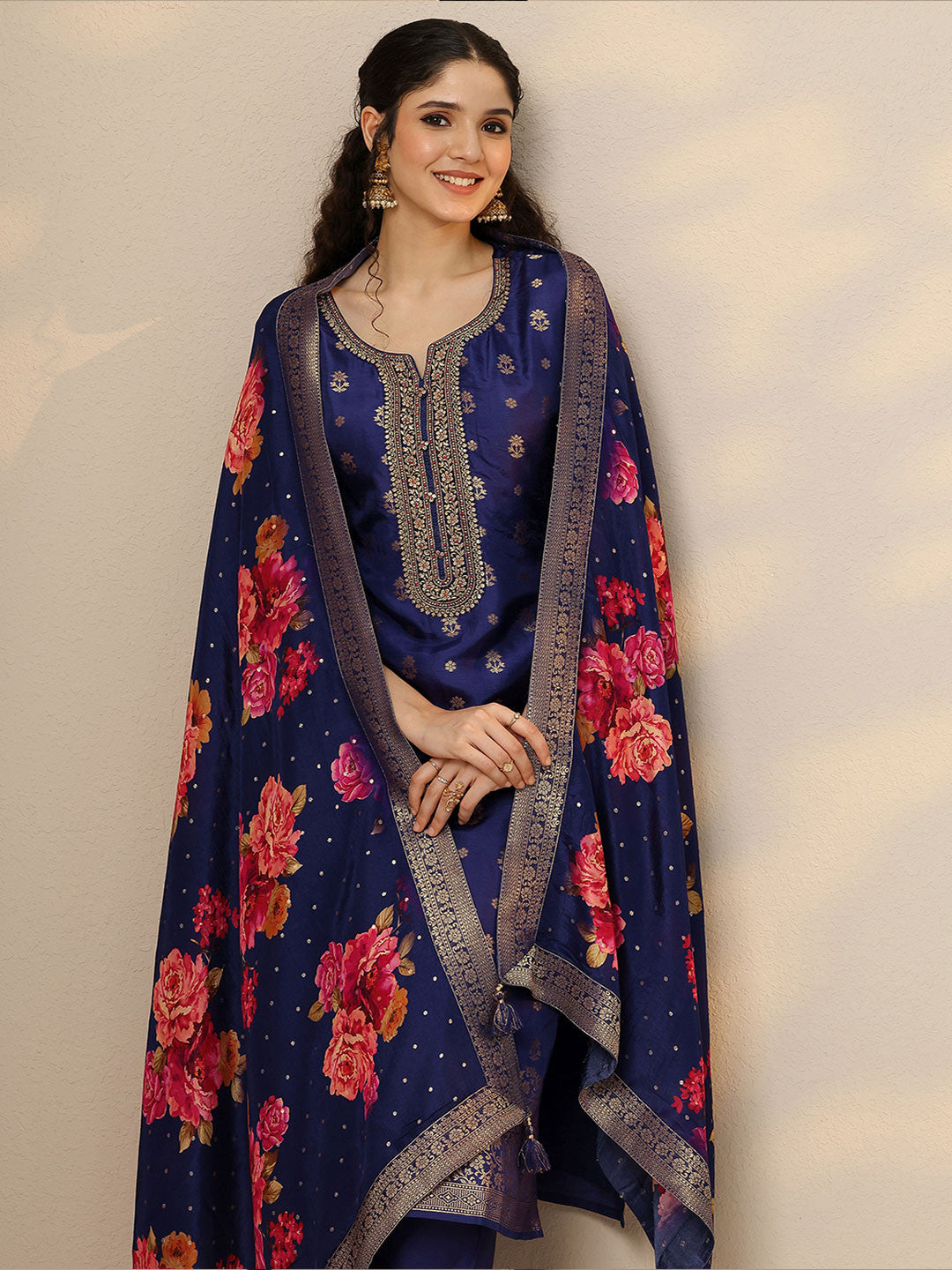 Women Ethnic Motifs Regular Thread Work Kurta with Trousers & With Dupatta