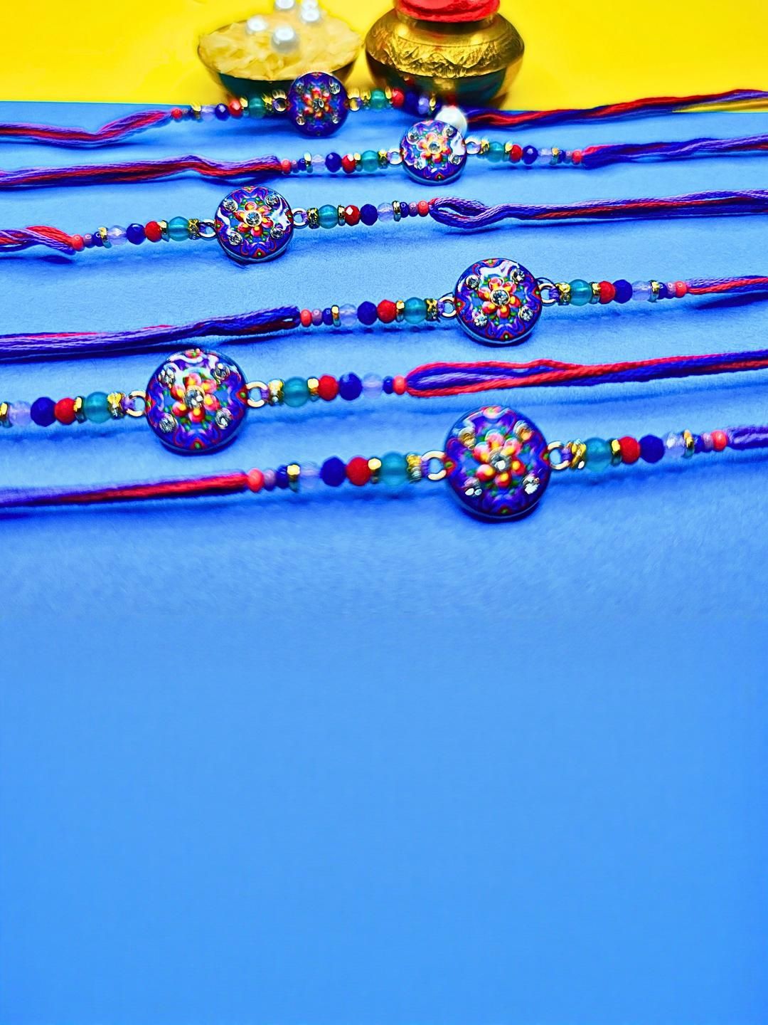Dhiyona Set Of 6 Beaded Cotton Thread with AD Stones & Meenakari Designer Rakhi for Brother