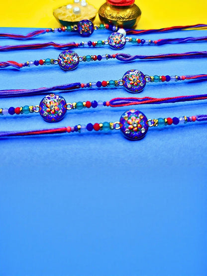 Dhiyona Set Of 6 Beaded Cotton Thread with AD Stones & Meenakari Designer Rakhi for Brother