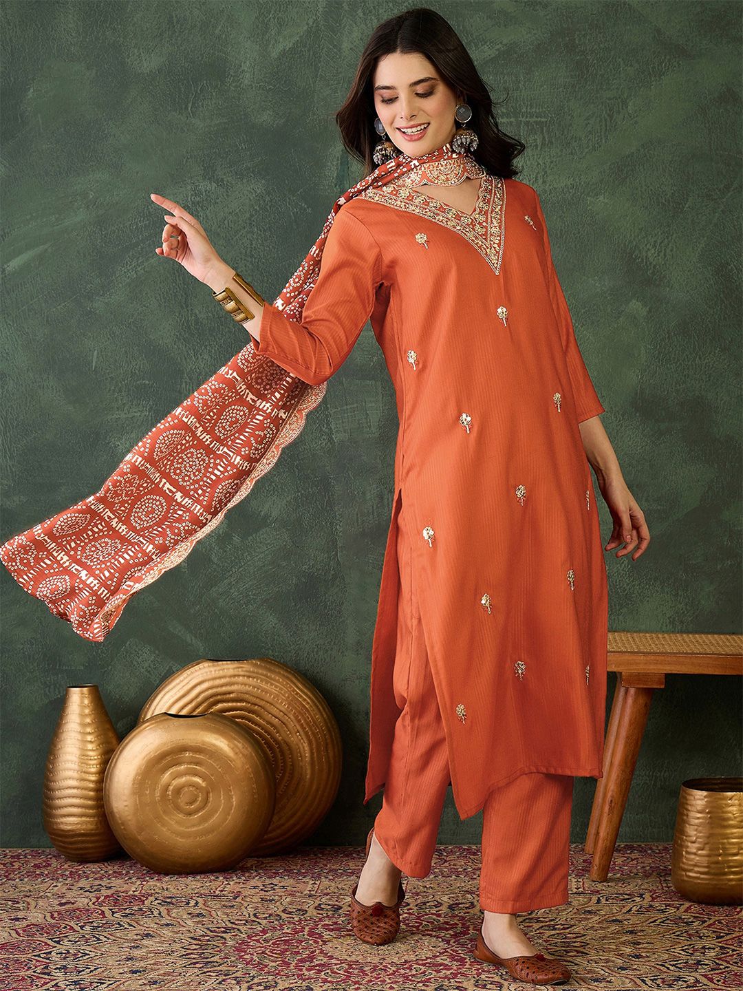 Dhiyona KL Zari Floral Embroidered V-Neck Straight Kurta With Trousers & Dupatta
