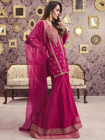 Dhiyona IN Ethnic Motifs Embroidered Notch Neck Sequinned A-Line Kurta With Sharara & Dupatta