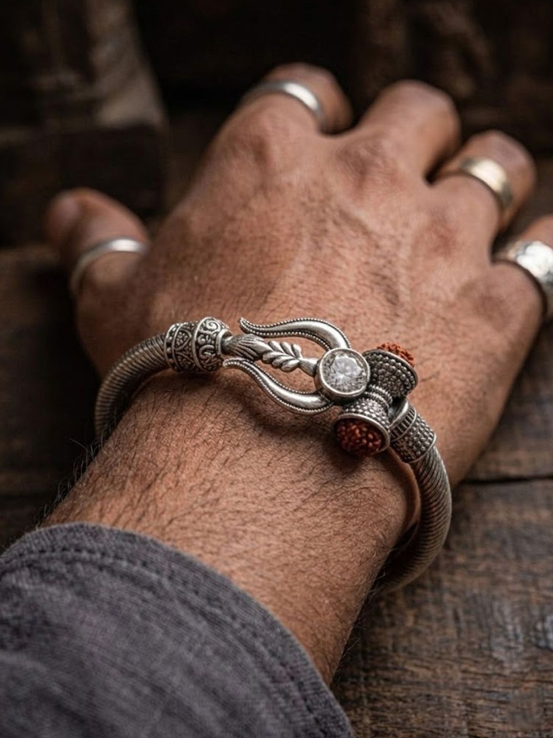 Dhiyona Silver Plated Trishool Design Rudraksh Rakhi Bracelet