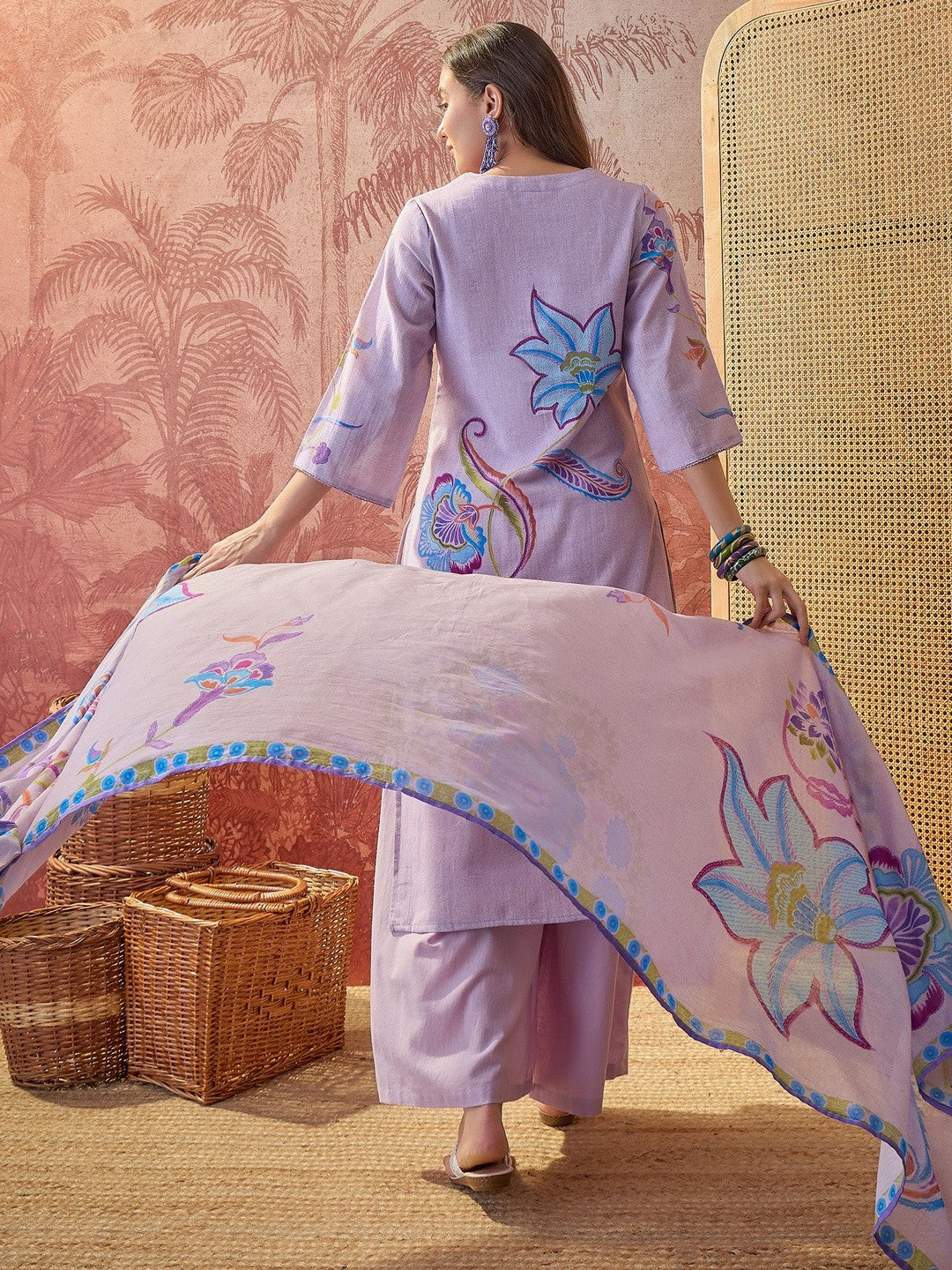 Floral Printed Round Neck Pure Cotton Kurta & Trousers With Dupatta