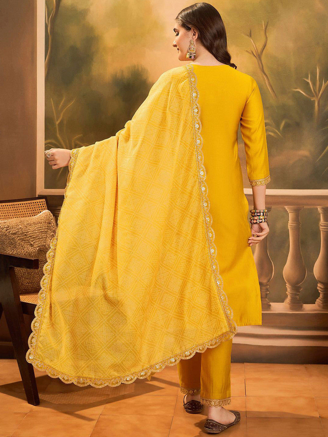 Floral Yoke Design V-Neck Sequinned Roman Silk Kurta With Trousers & Dupatta