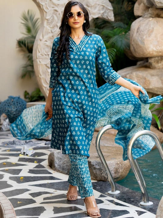 Dhiyona KL Women Turquoise Blue Pure Cotton Kurta Sets