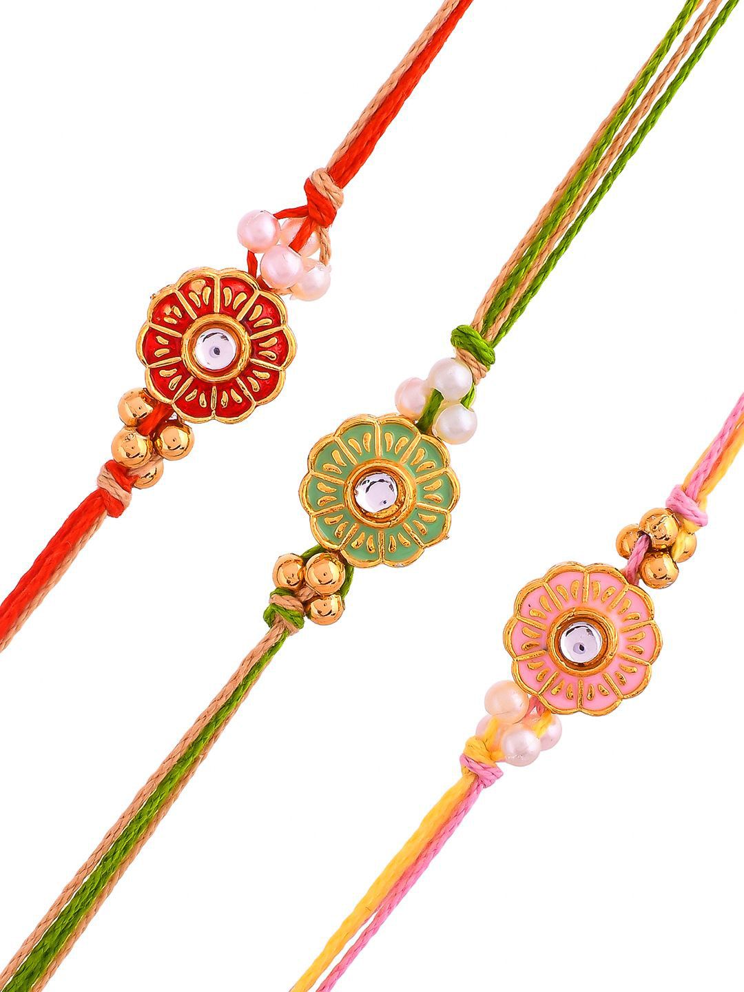 Dhiyona Red Set of 3 Kundan-Studded & Beaded Thread Rakhi