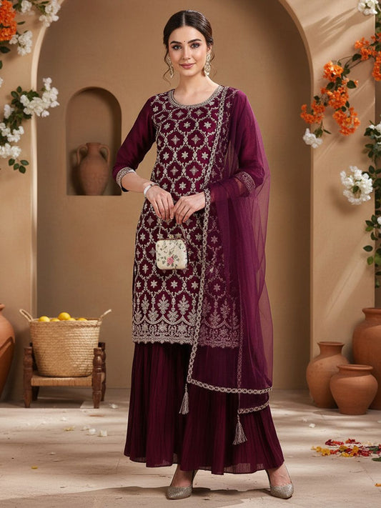 Dhiyona KL Ethnic Motifs Embroidered Regular Kurta with Sharara & With Dupatta