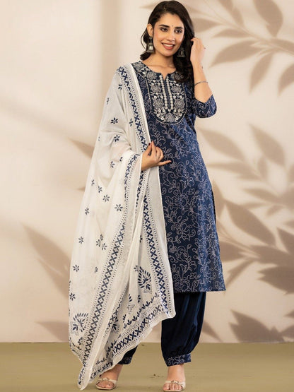 Women Ethnic Motifs Printed Regular Thread Work Pure Cotton Kurta with Patiala & With Dupatta