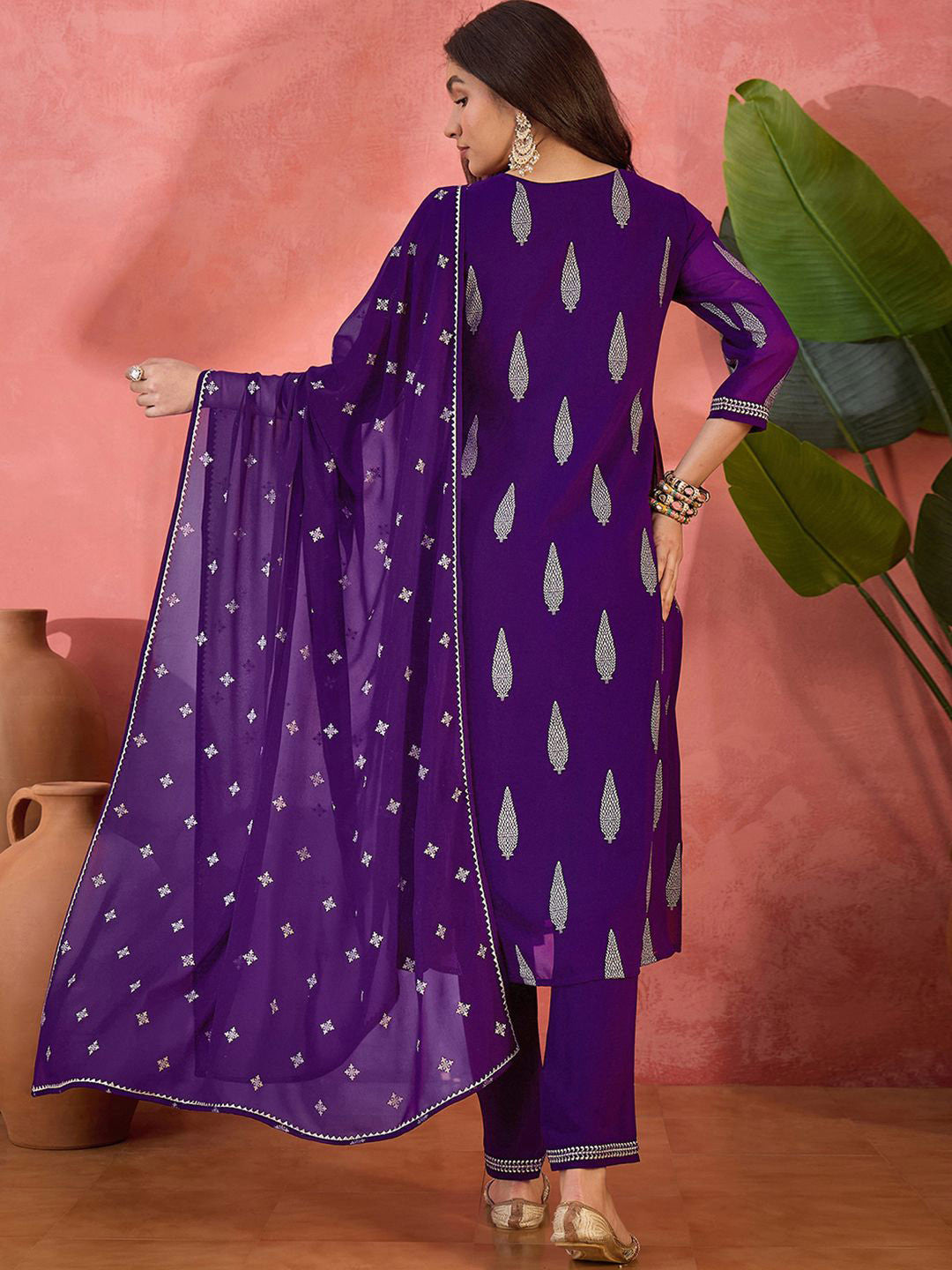 Floral Printed Notch Neck Zari Georgette Naira Cut Kurta With Trouser & Dupatta