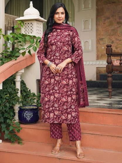 Dhiyona KL Floral Printed Mandarin Collar Straight Kurta With Trousers & Dupatta