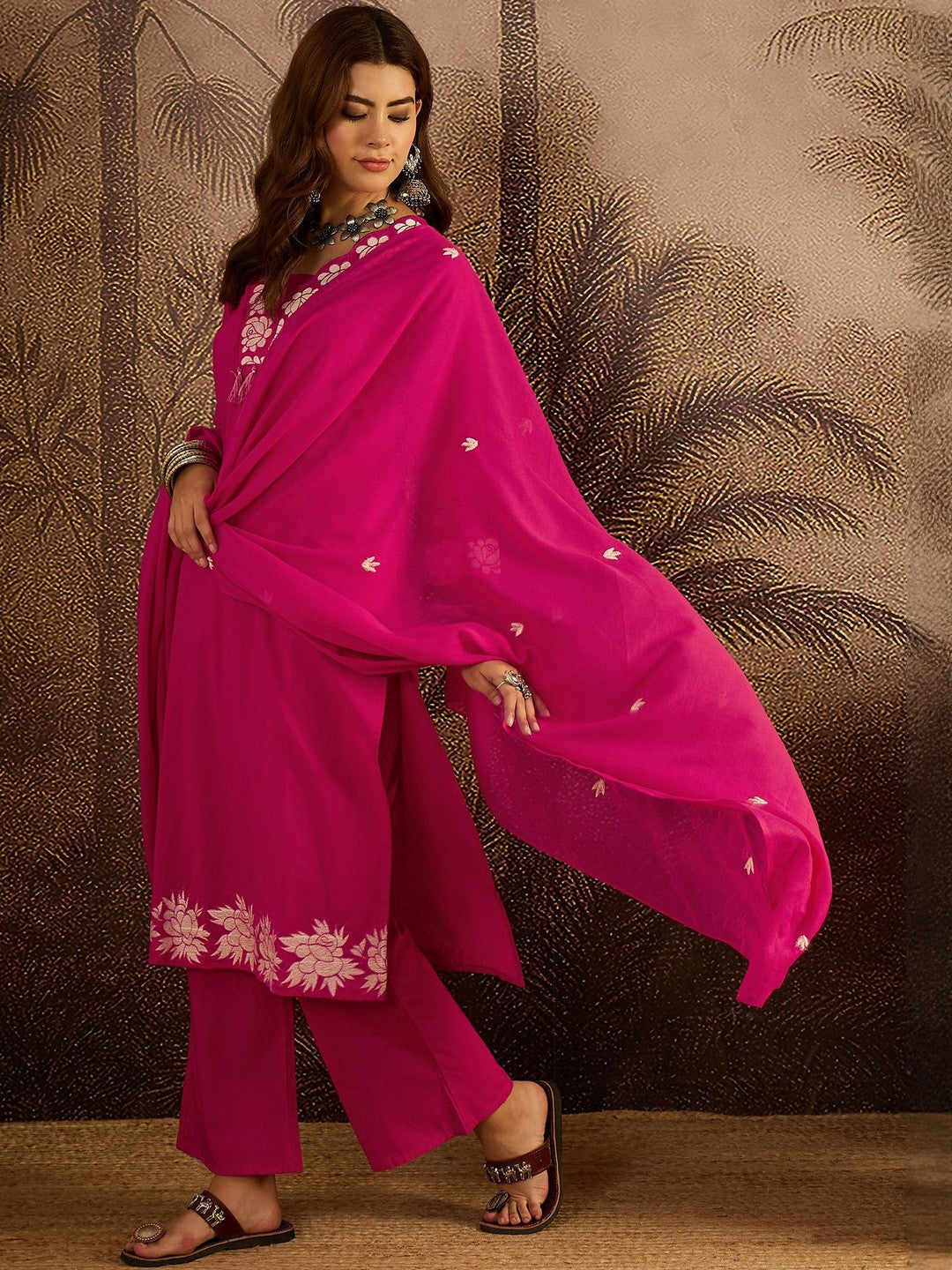 Embroidered Cotton Kurta with Trousers & Dupatta Set