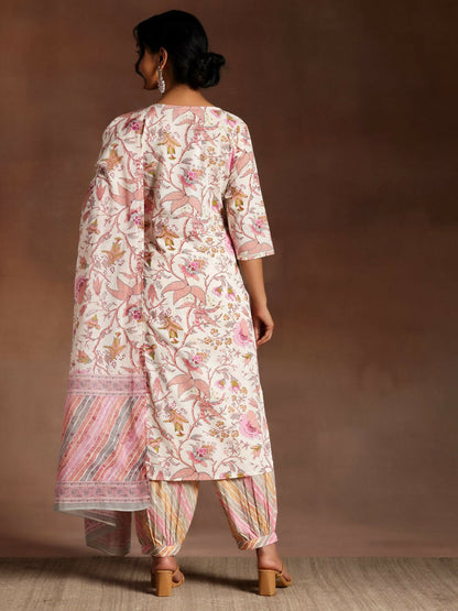 Women's LB Pink Printed Cotton Straight Suit With Dupatta