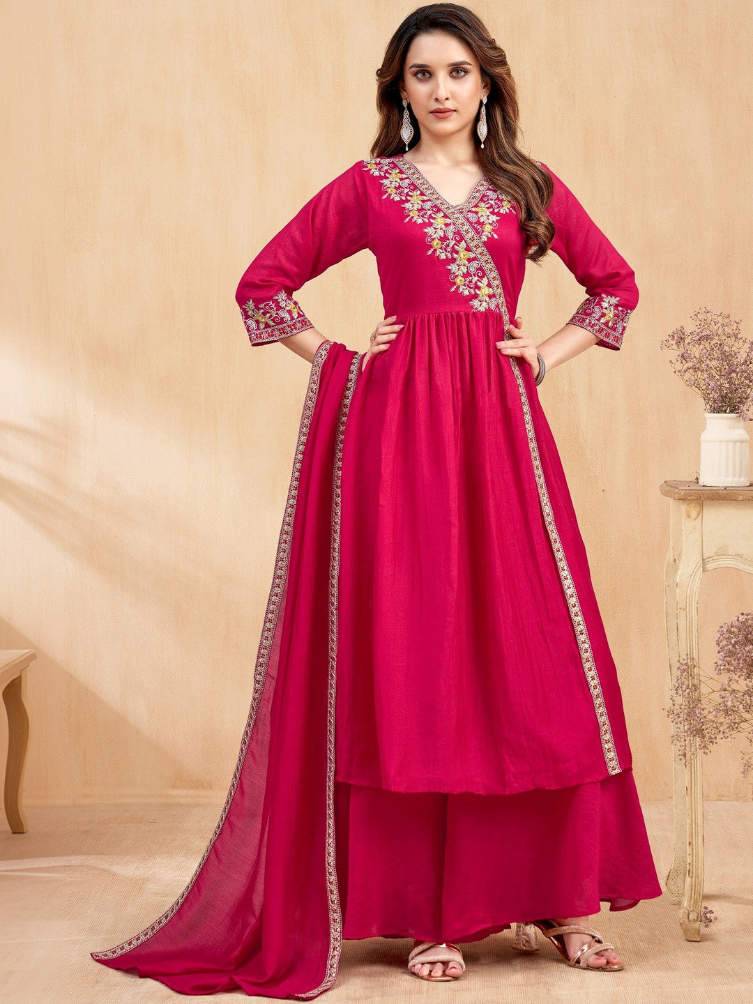 Embroidered V-Neck Kurta Trousers & Dupatta
