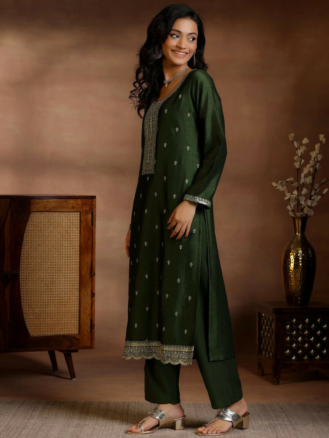 Women's LB Green Embroidered Silk Blend Straight Suits With Dupatta