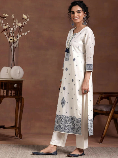 Women's LB Off White Woven Design Chanderi Silk Straight Suit With Dupatta