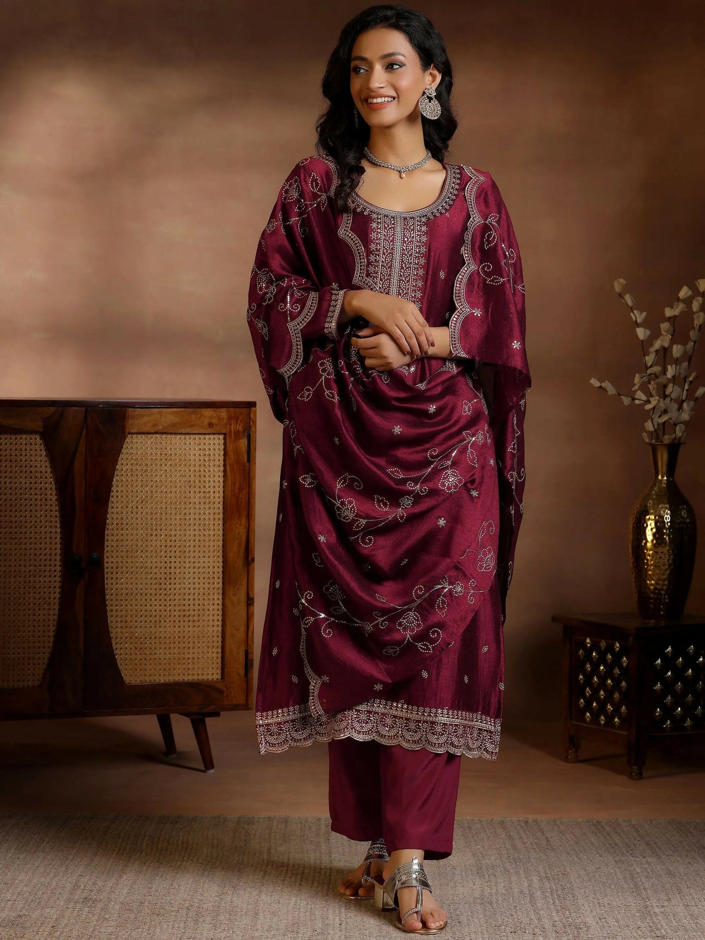 Women's LB Maroon Embroidered Silk Blend Straight Suits With Dupatta